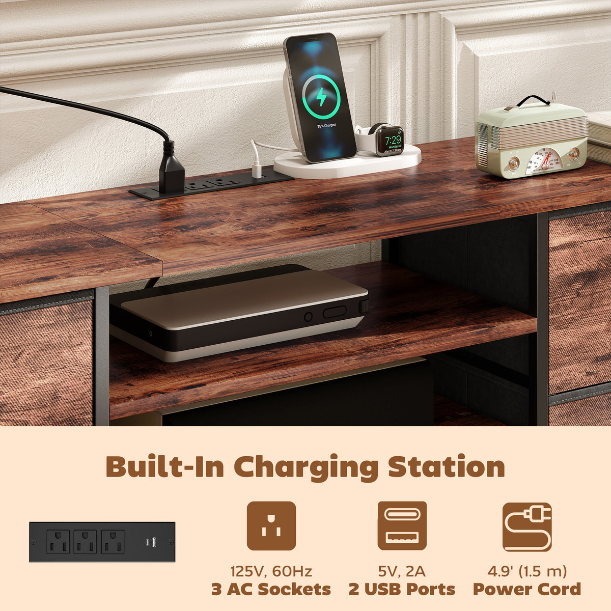 Industrial TV stand with storage and power strip