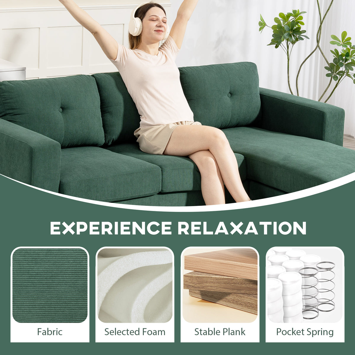 Corduroy L-Shaped Sectional Sofa with Reversible Chaise
