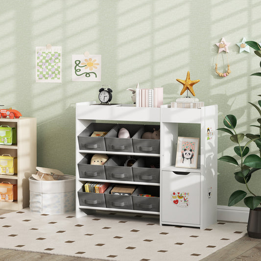 Toy storage organizer with bins and cabinet