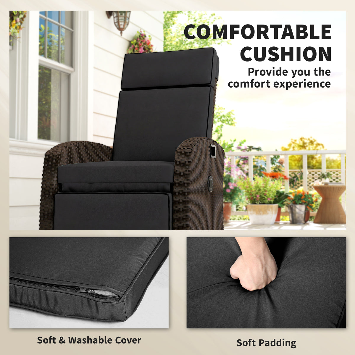 Reclining Wicker Lounge Chair with Adjustable Backrest
