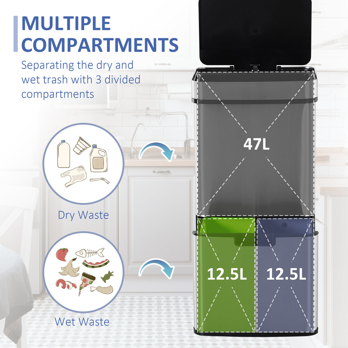 Papelera con sensor de 3 compartimentos, 72 L — Acero inoxidable