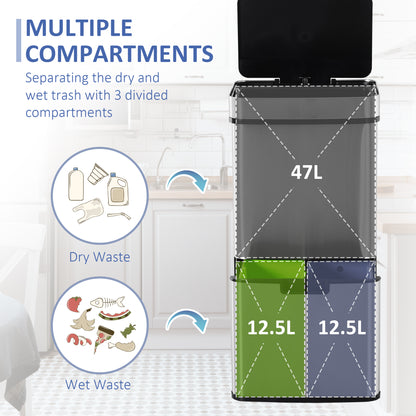 Papelera con sensor de 3 compartimentos, 72 L — Acero inoxidable