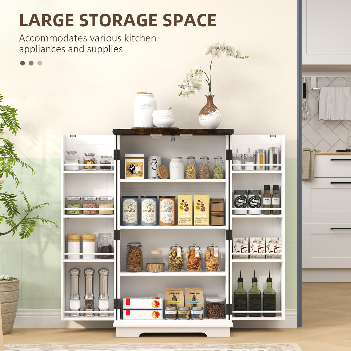 Farmhouse Kitchen Pantry Storage Cabinet with Adjustable Shelves