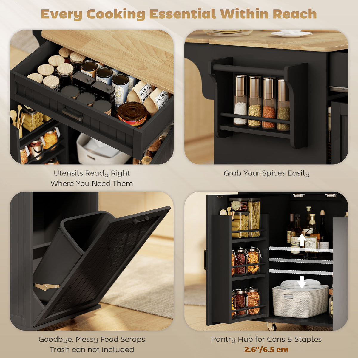 Portable kitchen island cart with charging station and drop leaf
