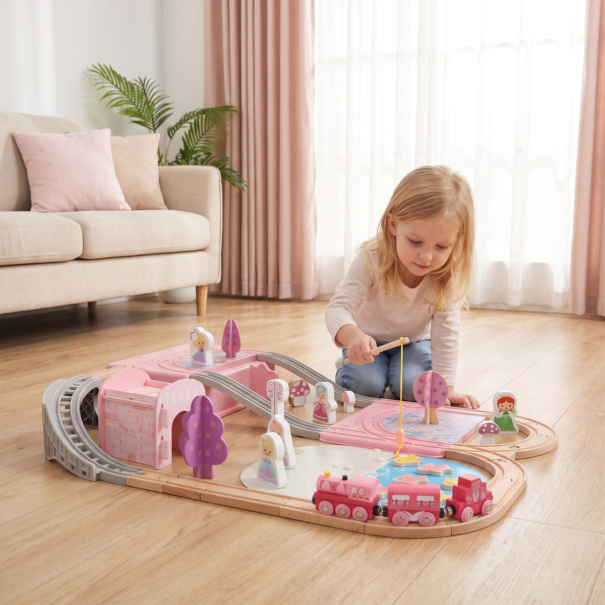 Set de vías de madera de castillo de princesa — Lote de 58