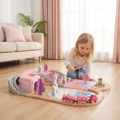 Set de vías de madera de castillo de princesa — Lote de 58