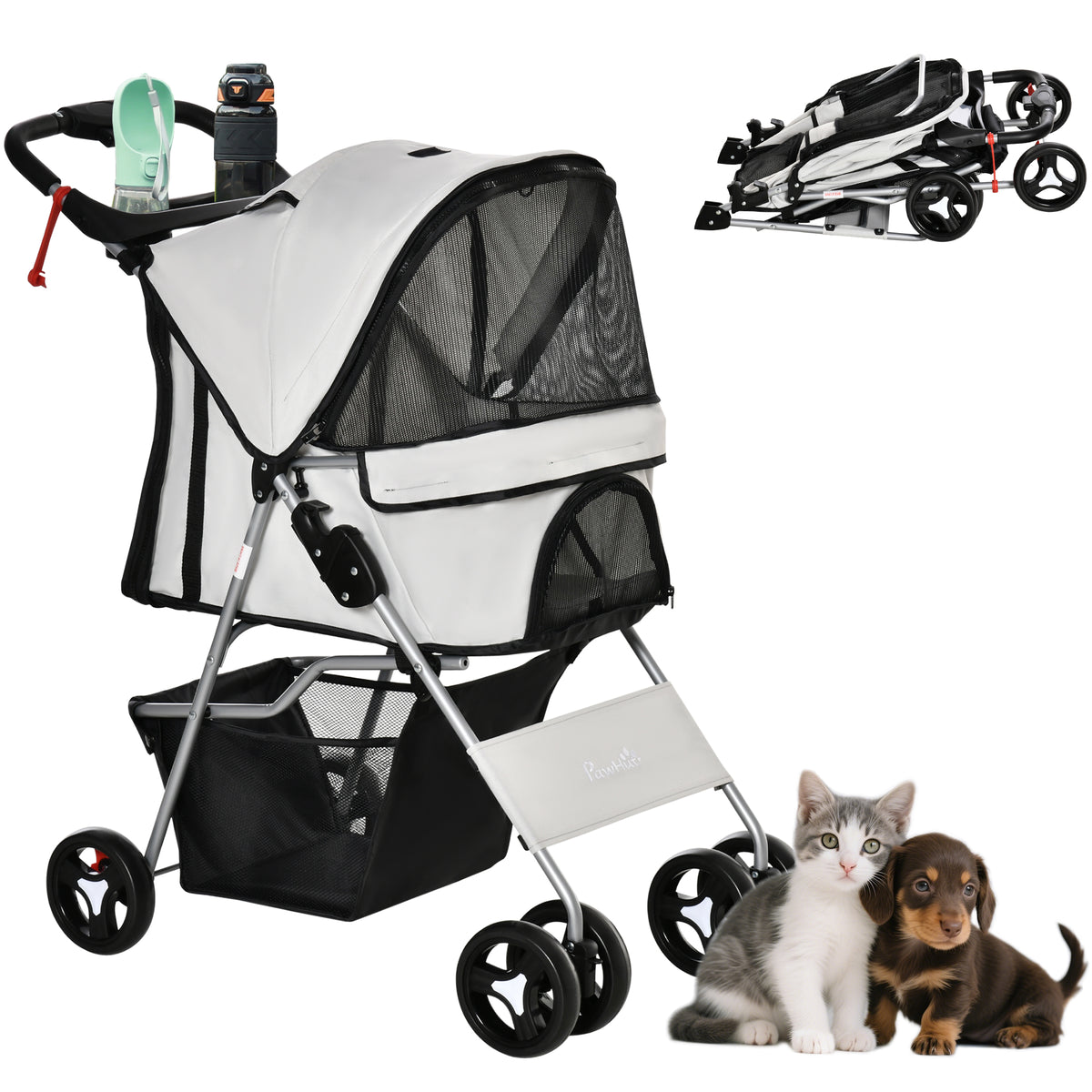 Cochecito plegable para mascotas con frenos — gris