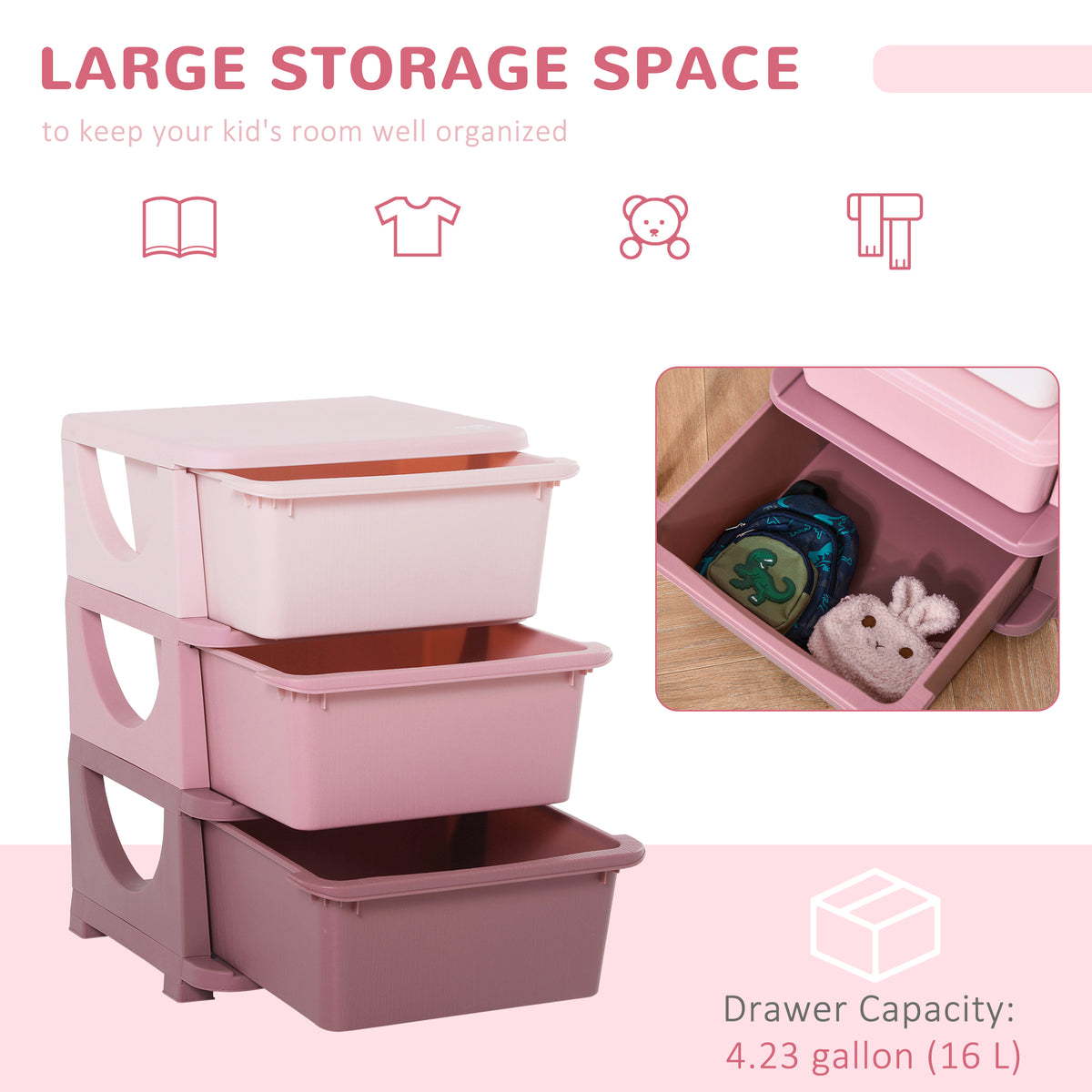 3-Tier Kids Toy Organizer with Plastic Drawers