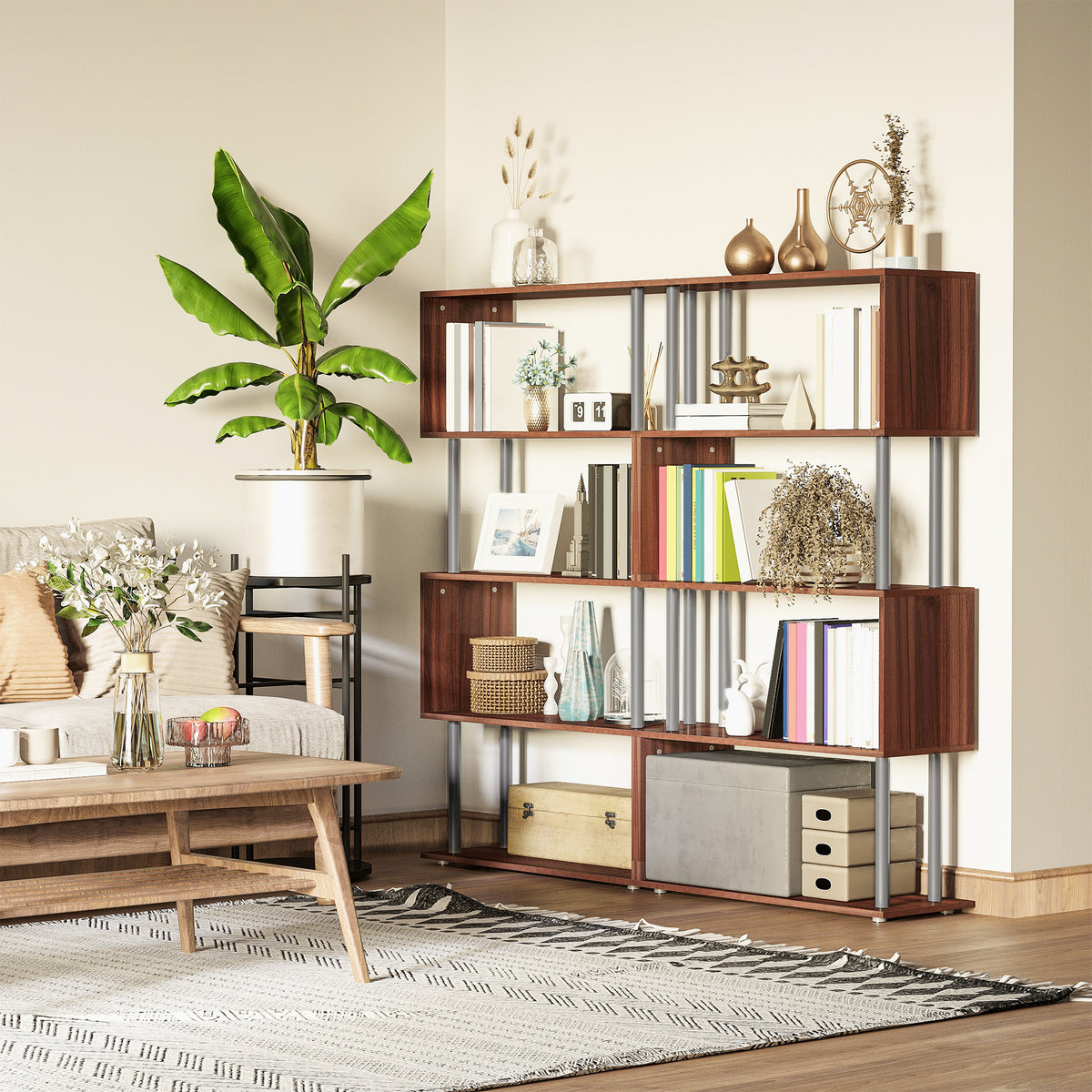 Modern 5-Tier Geometric Wooden Bookshelf