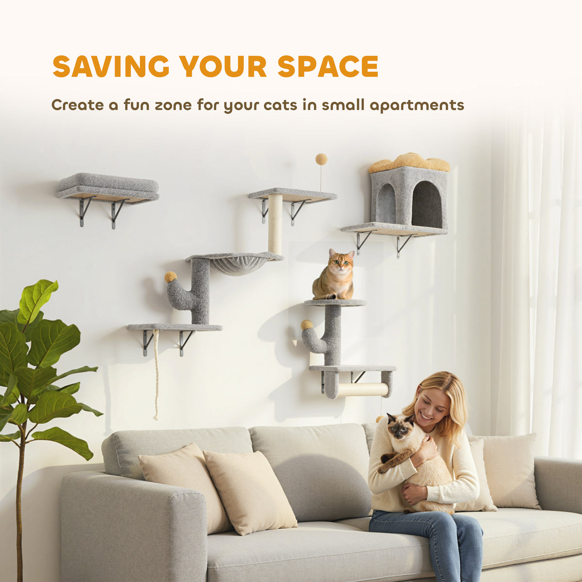 Conjunto de pared para gatos de 4 piezas con rascadores