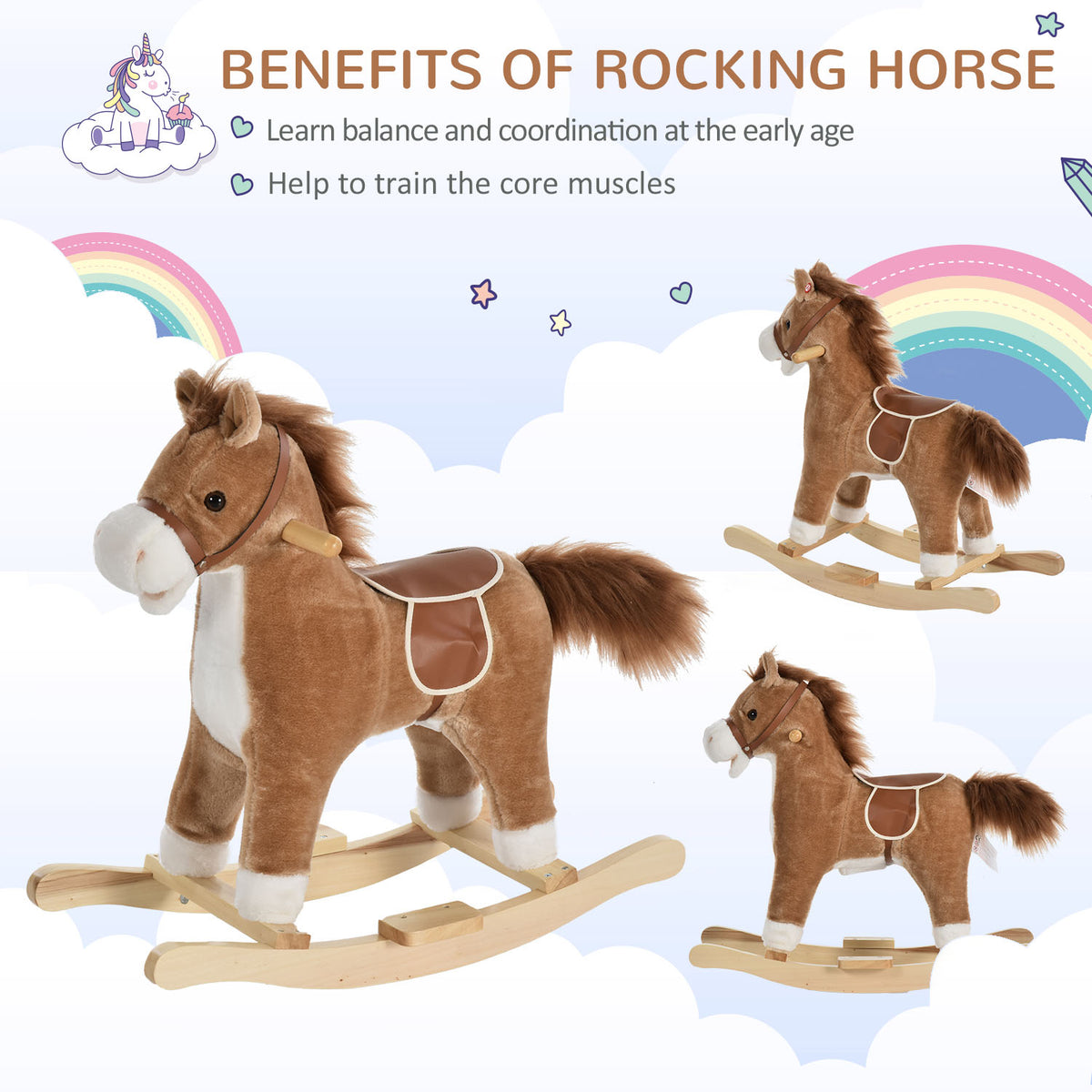 Plush Rocking Horse with Sounds and Wooden Base