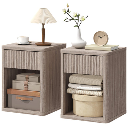 Modern Nightstand Set of 2 with Fluted Drawer and Open Shelf