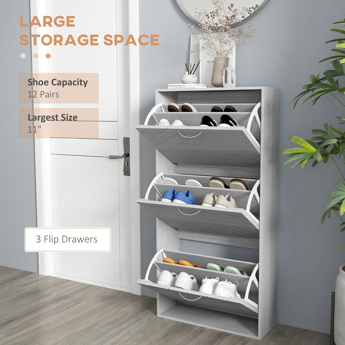 Narrow 3-tier flip drawer shoe storage cabinet
