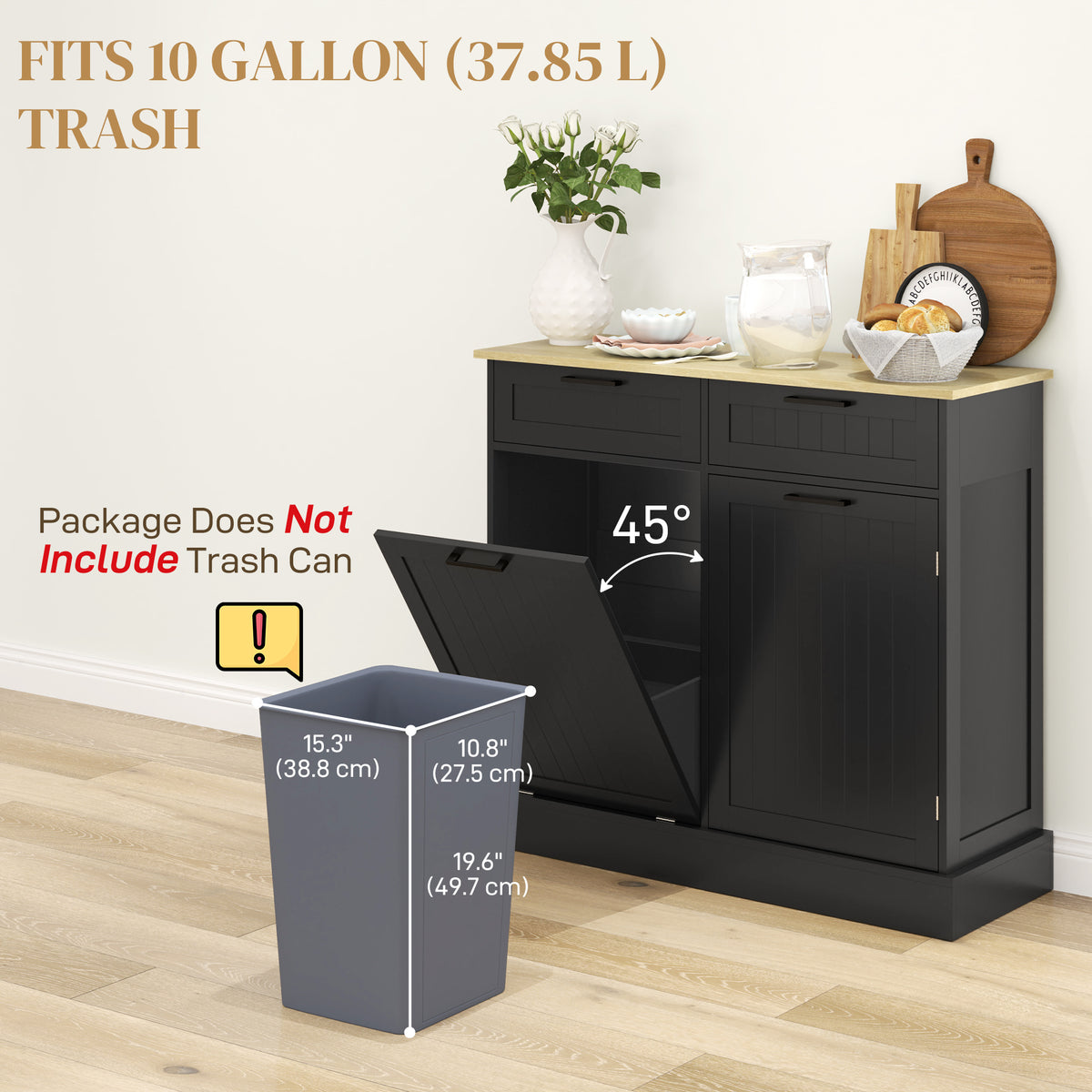 Tilt-out hidden trash can cabinet with drawers