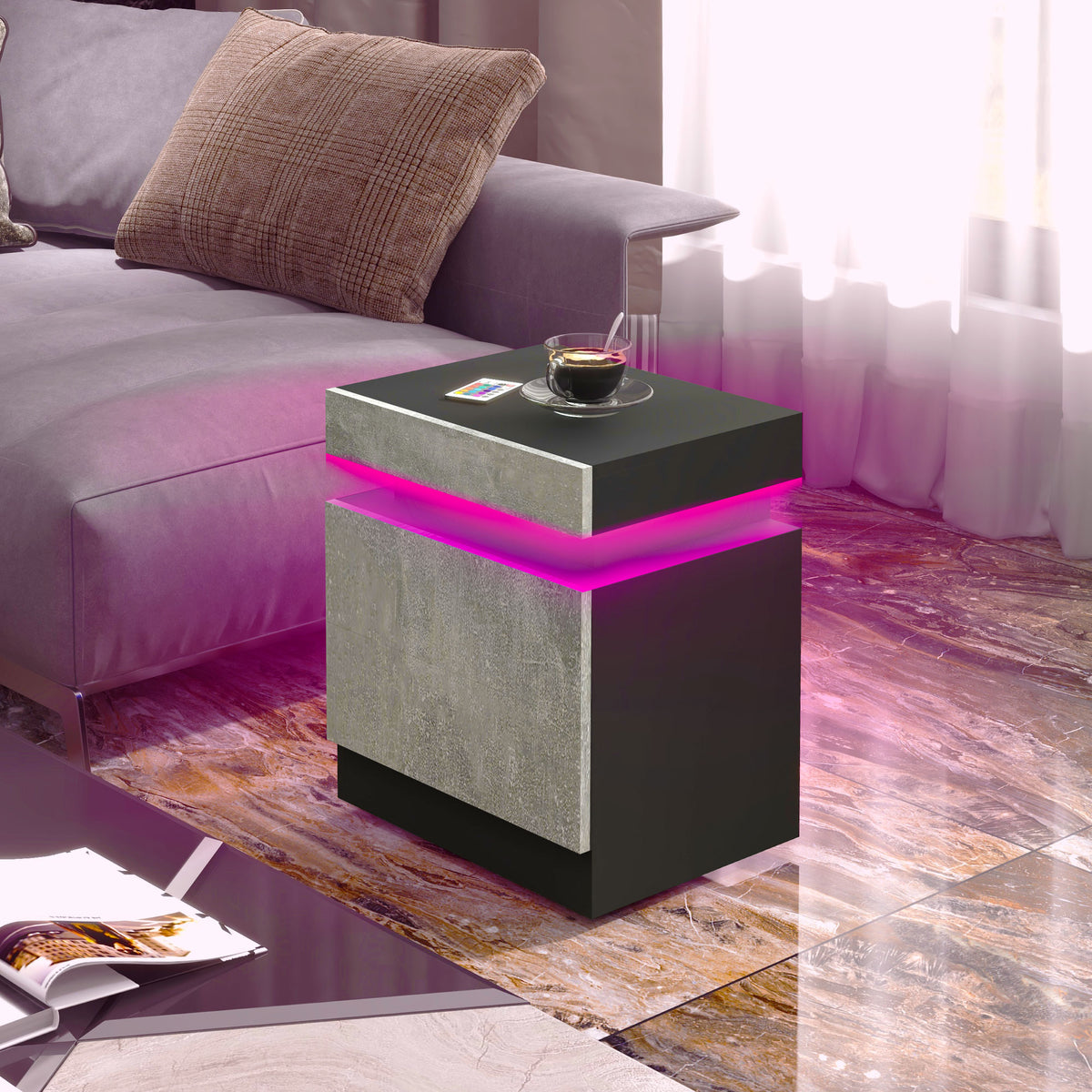 Mesita de noche con iluminación LED y 2 cajones