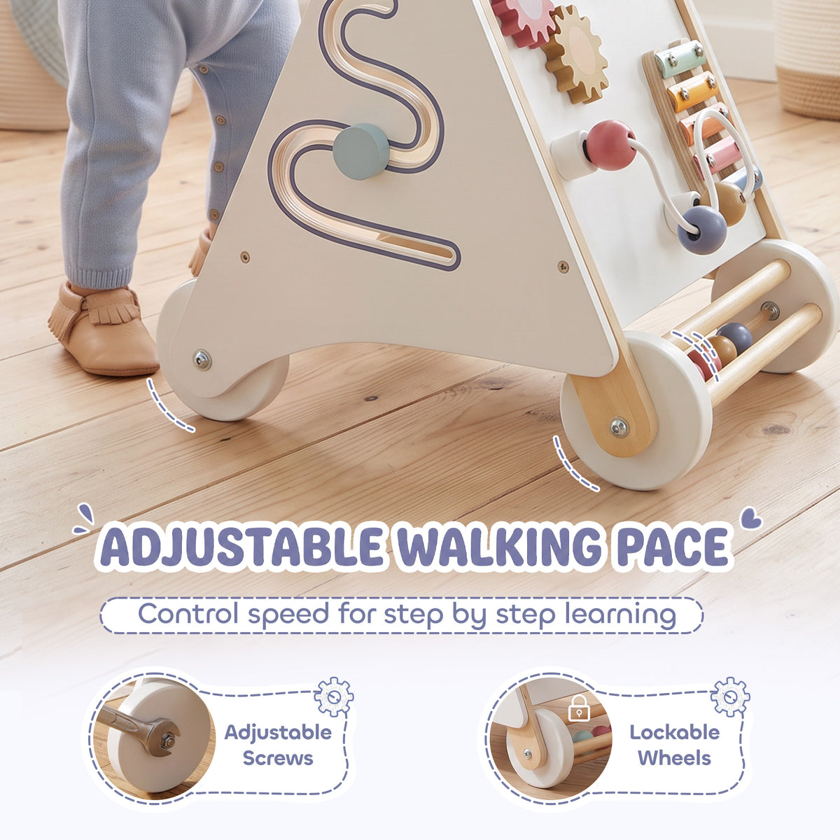 Andador de madera para bebé con almacenamiento