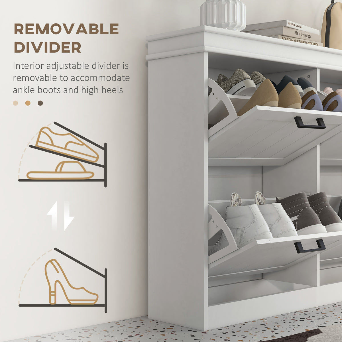 Narrow shoe storage cabinet with 4 flip drawers