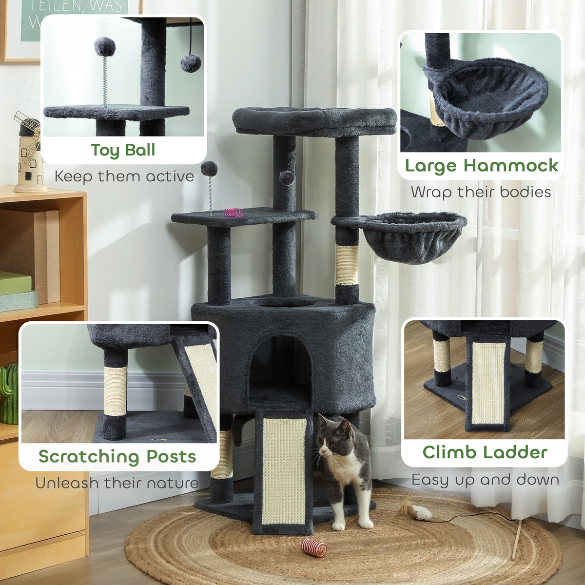 Multi-level cat tree with condo and hammock 47 inch