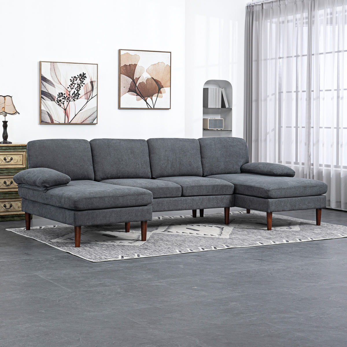 U-Shape Sectional Sofa Double Chaise 4-Seater — Fabric