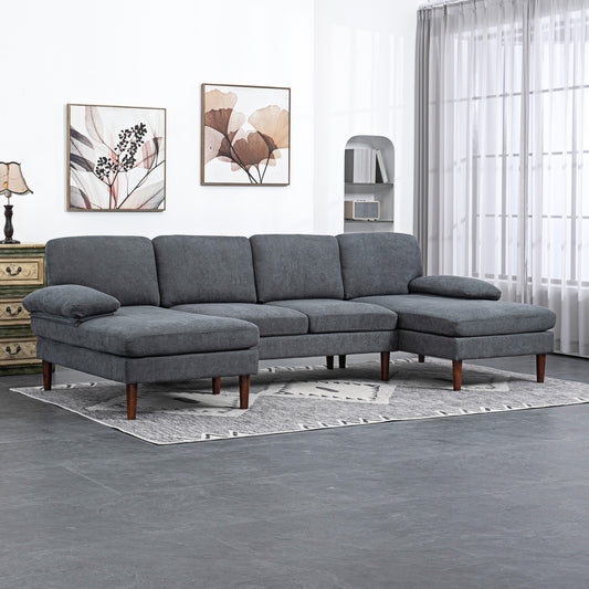 U-Shape Sectional Sofa Double Chaise 4-Seater — Fabric