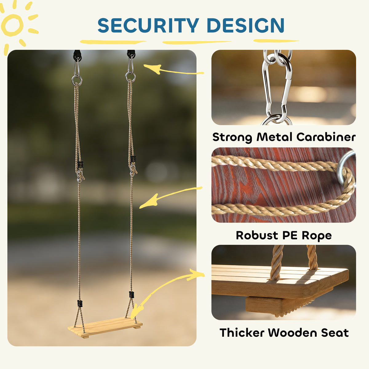 Wooden Swing Seat with Adjustable Ropes for Kids