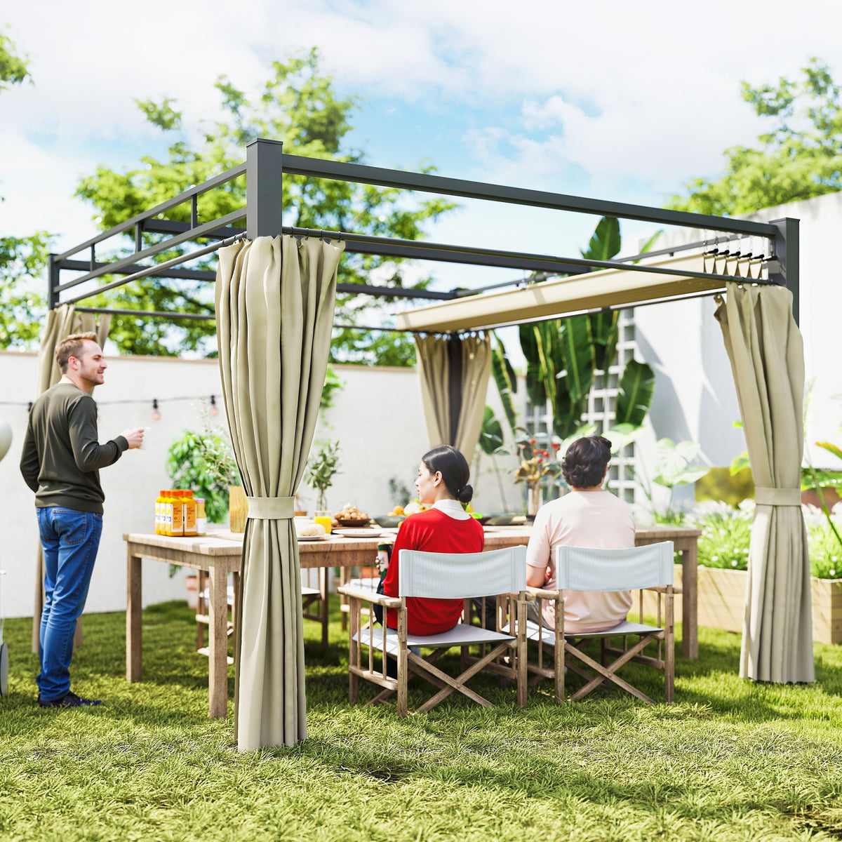 Freestanding Pergola Retractable Canopy with Curtains 10×10 ft