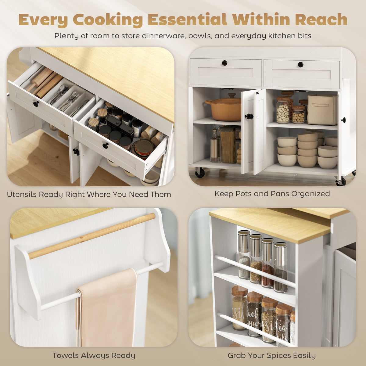 Rolling kitchen island with expandable top and power outlet