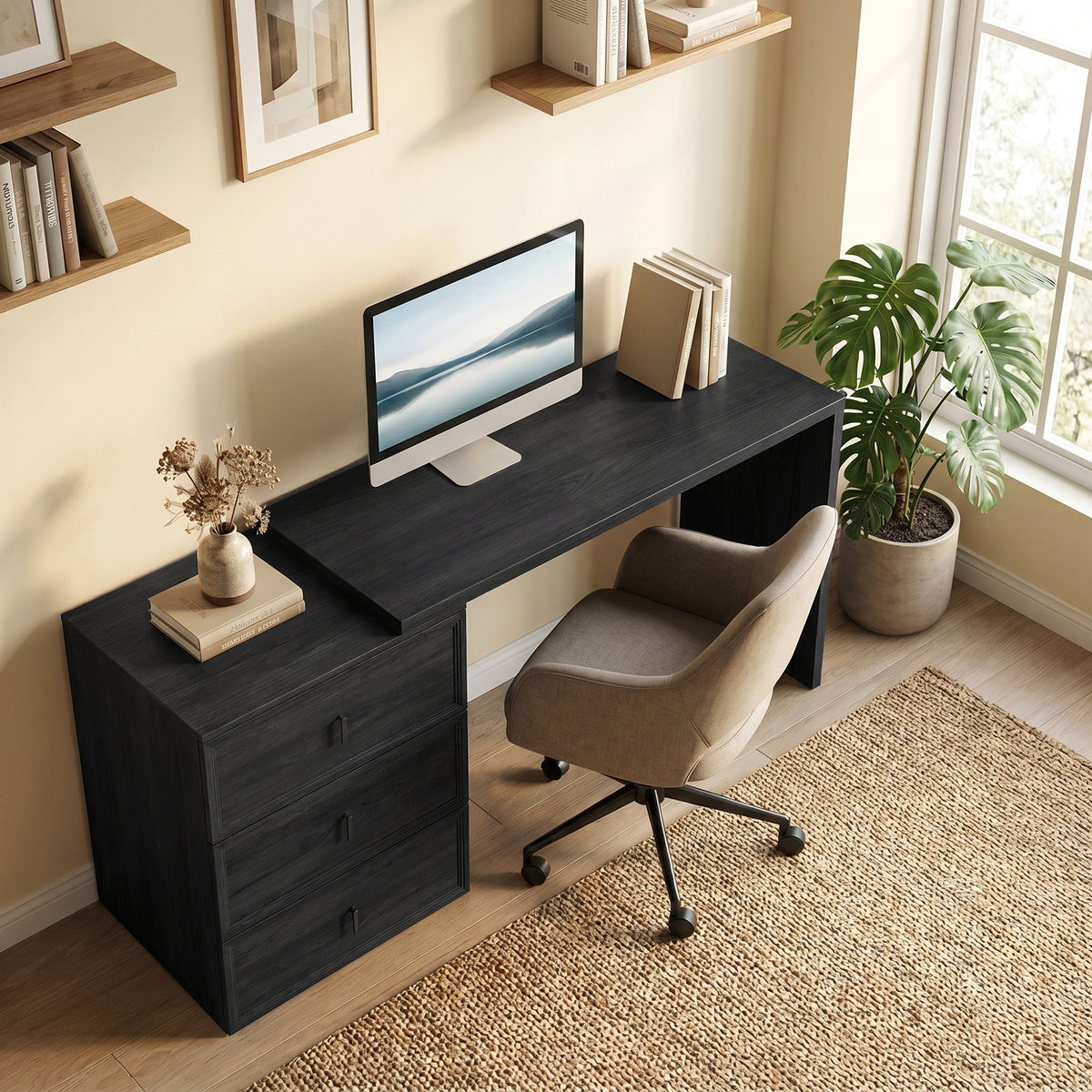 L-shaped computer desk with three drawers