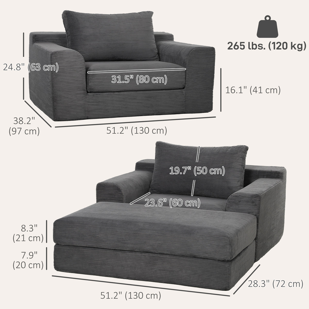Corduroy convertible chair bed 130 cm