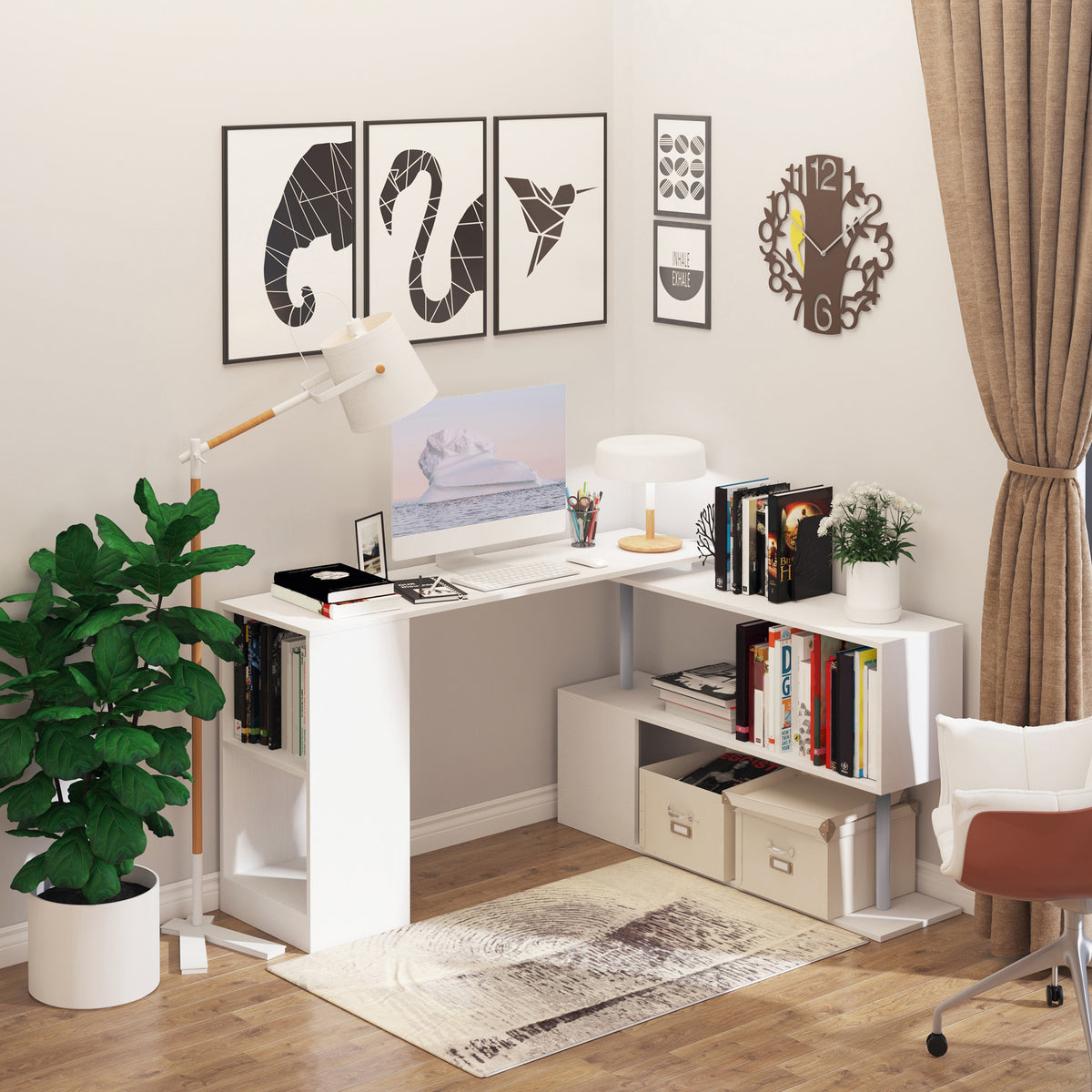 Corner Desk 360° Rotating with 3-Tier Shelves
