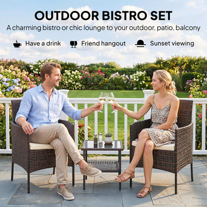 Bistro Set 3 Piece Wicker with Glass Table — Khaki