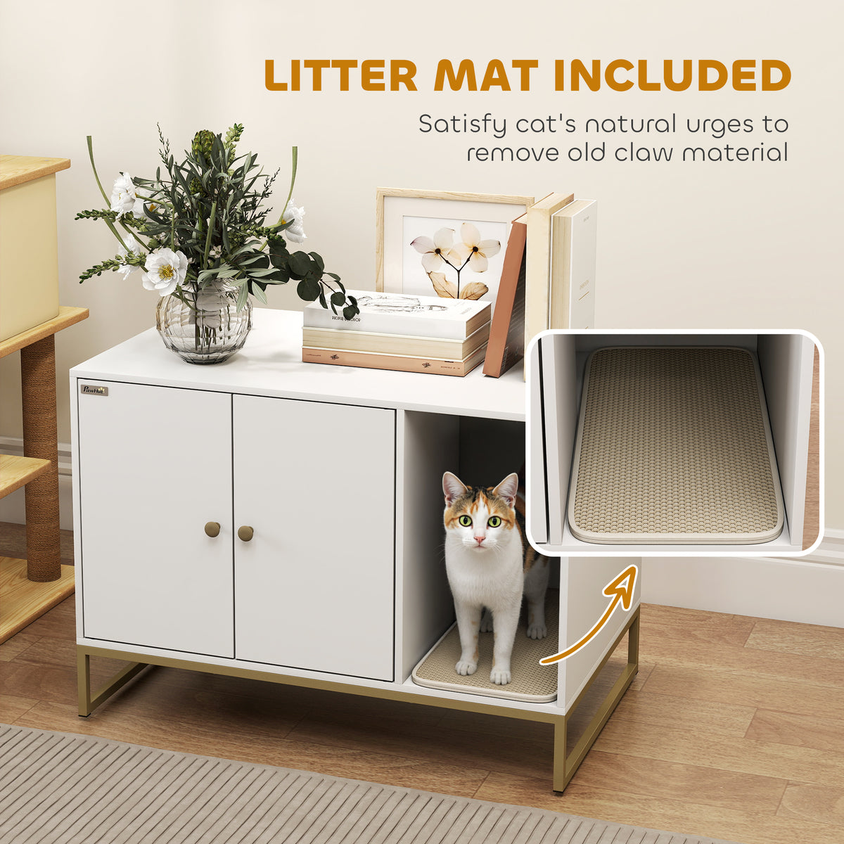 Mueble elegante para ocultar la caja de arena del gato, con patas altas