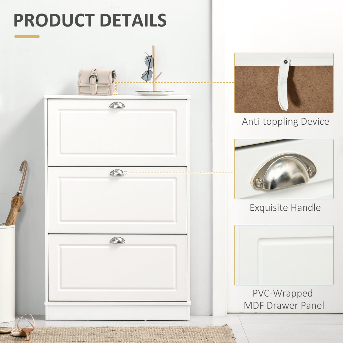 Narrow shoe cabinet with 3 flip drawers