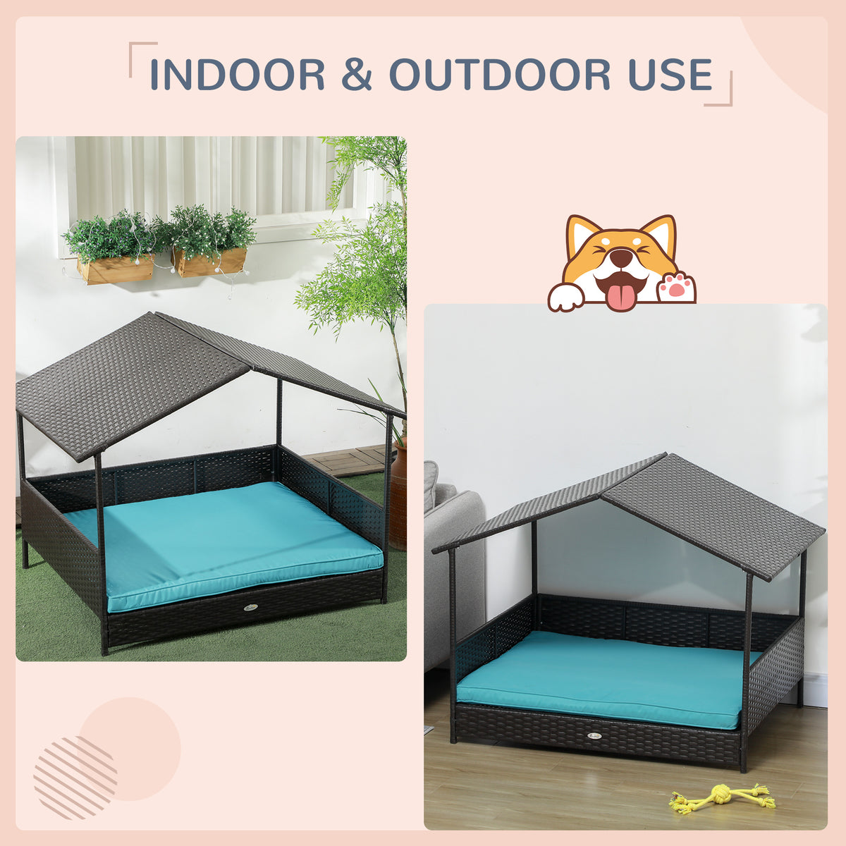 Cama elevada para perros con toldo de ratán