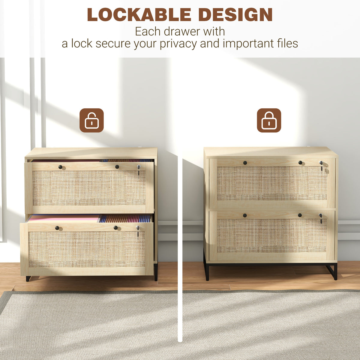 2-Drawer Filing Cabinet with Lock and Rattan Design