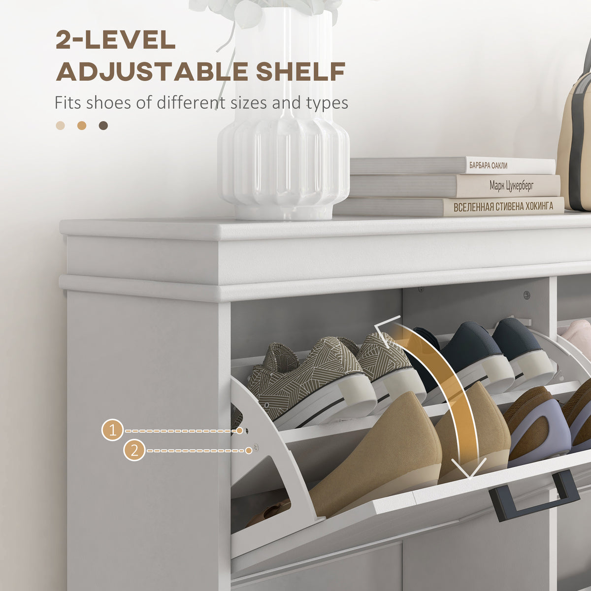Narrow shoe storage cabinet with 4 flip drawers