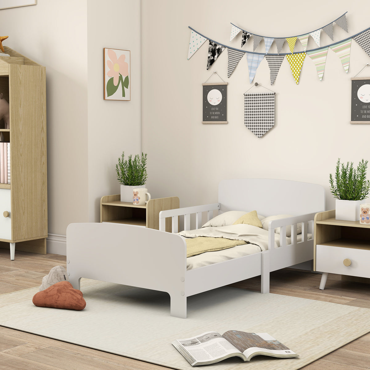 Cama para niños pequeños con barras de seguridad 90×190 cm