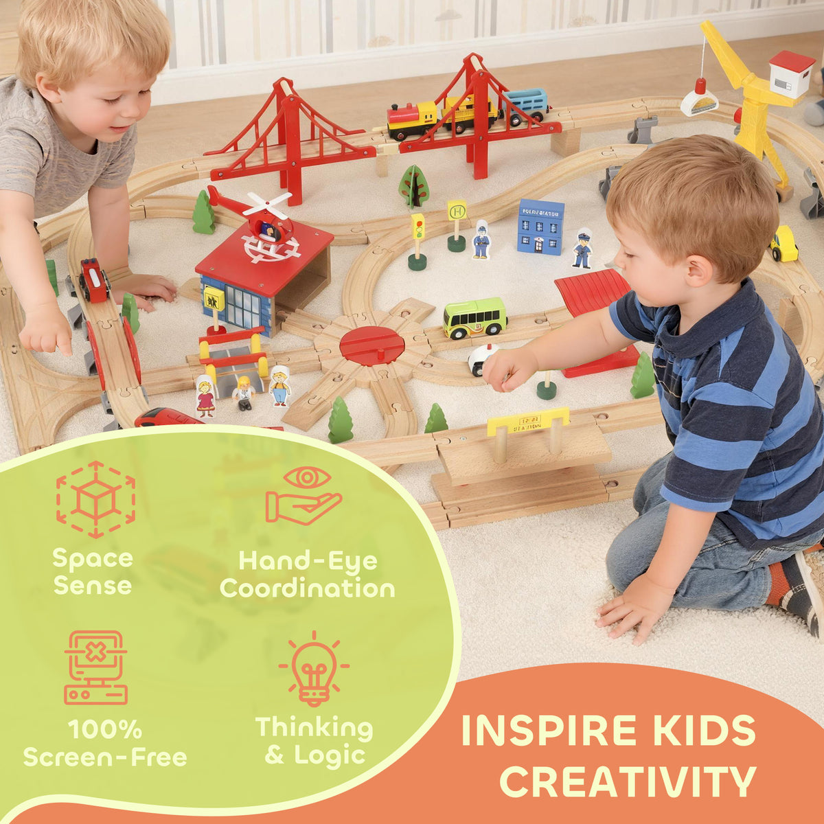 Wooden Train Set with Track Accessories — Set of 133