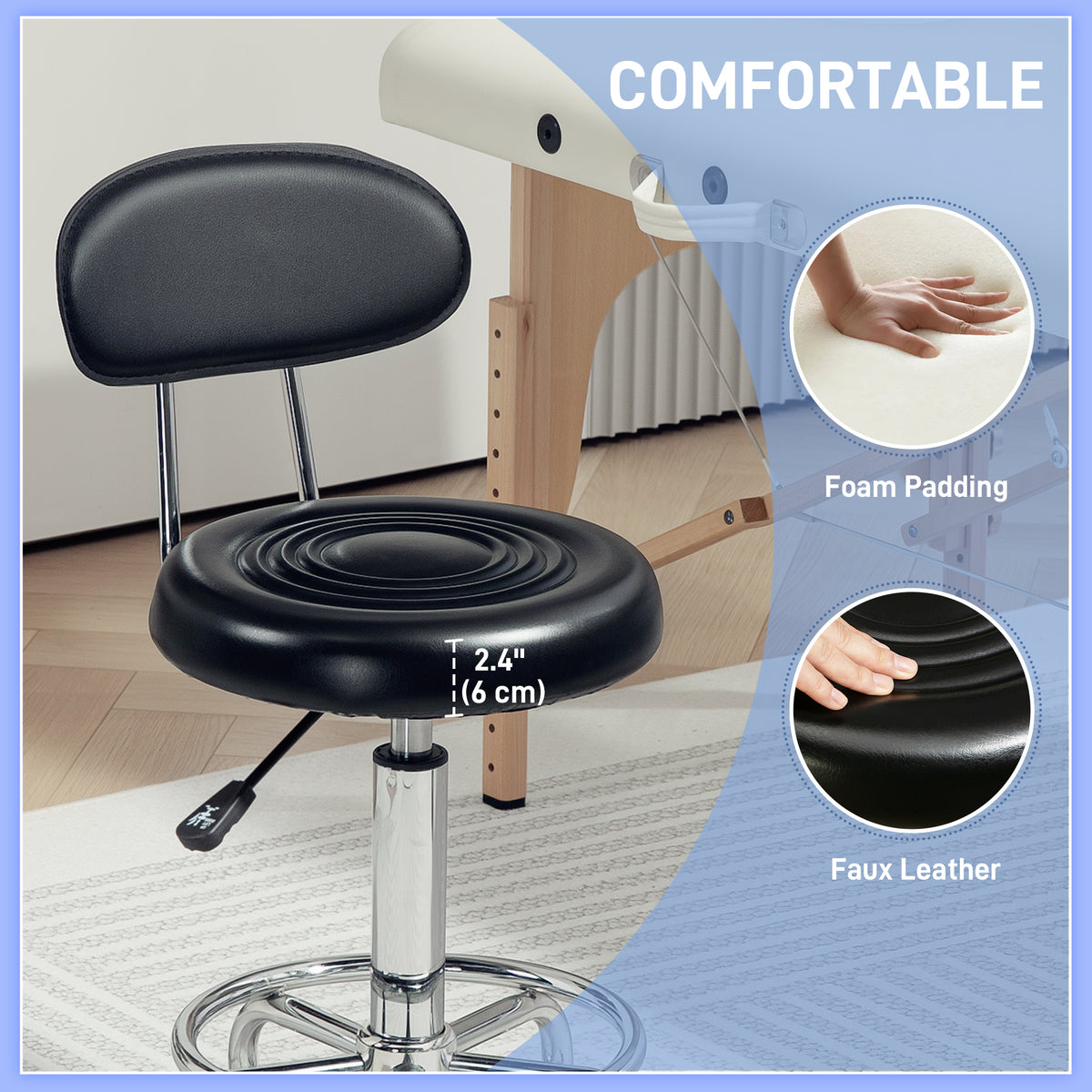 Tabouret à roulettes réglable avec dossier et pivot 360 — photo 3