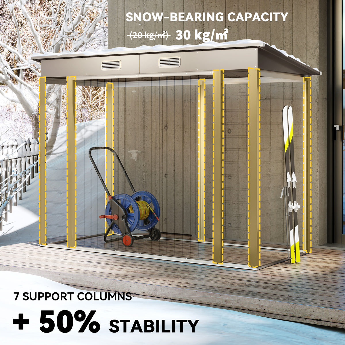 Galvanized steel garden storage shed with double doors and vents