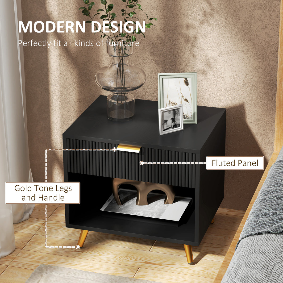 Nightstand Fluted Panel with Drawer and Open Shelf