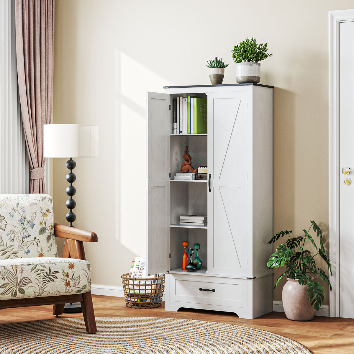 Farmhouse Pantry Cabinet with Drawer and Shelves