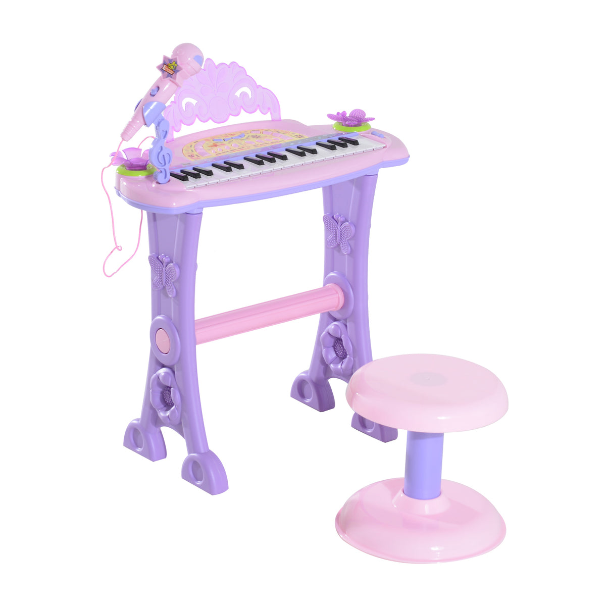 Piano electrónico para niños con diseño de mariposa y taburete