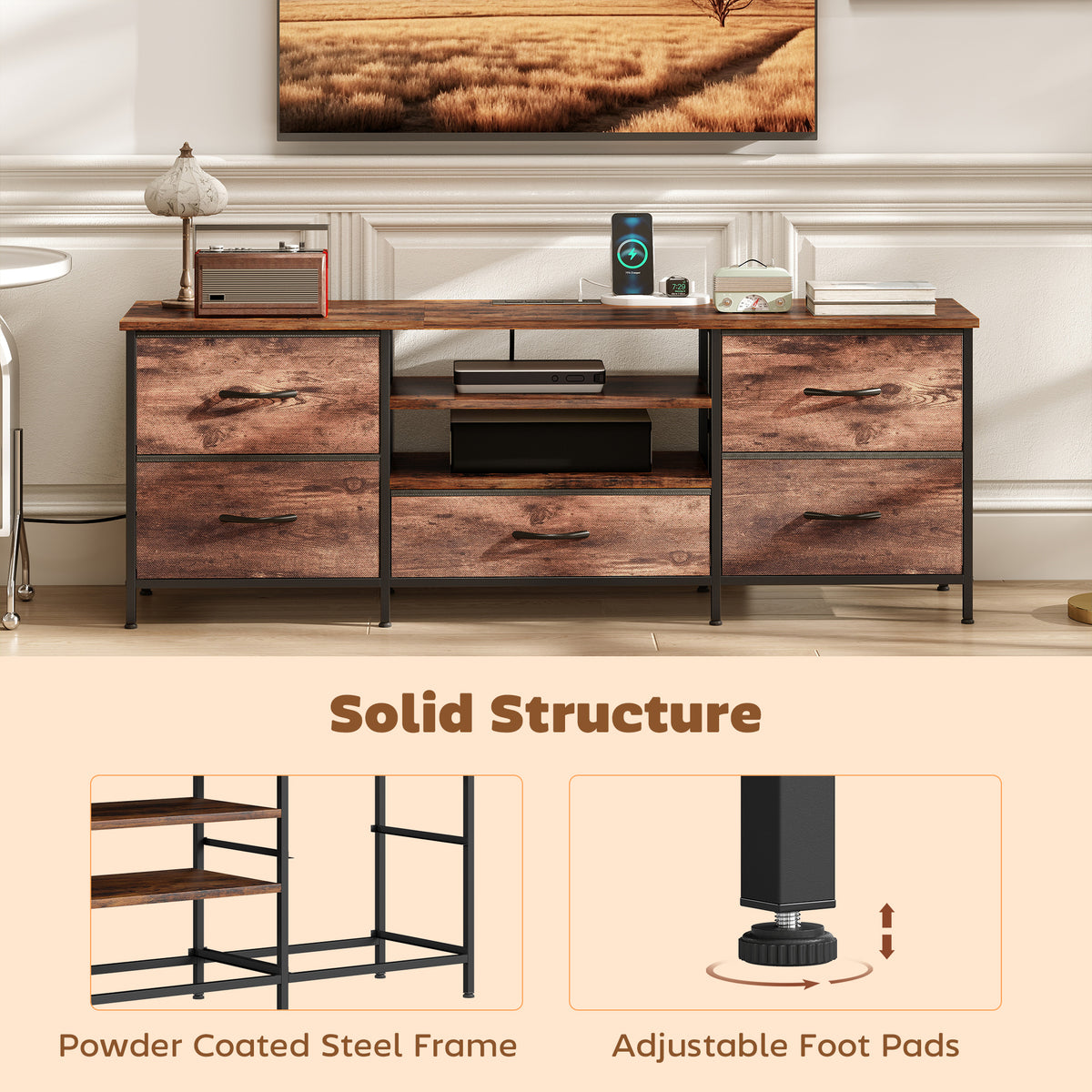 Industrial TV stand with storage and power strip
