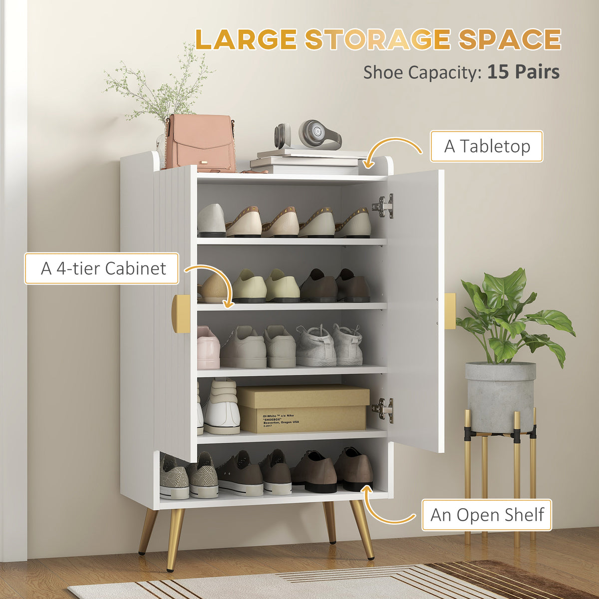 Narrow Shoe Cabinet 4-Tier Adjustable Shelves, 15 Pairs