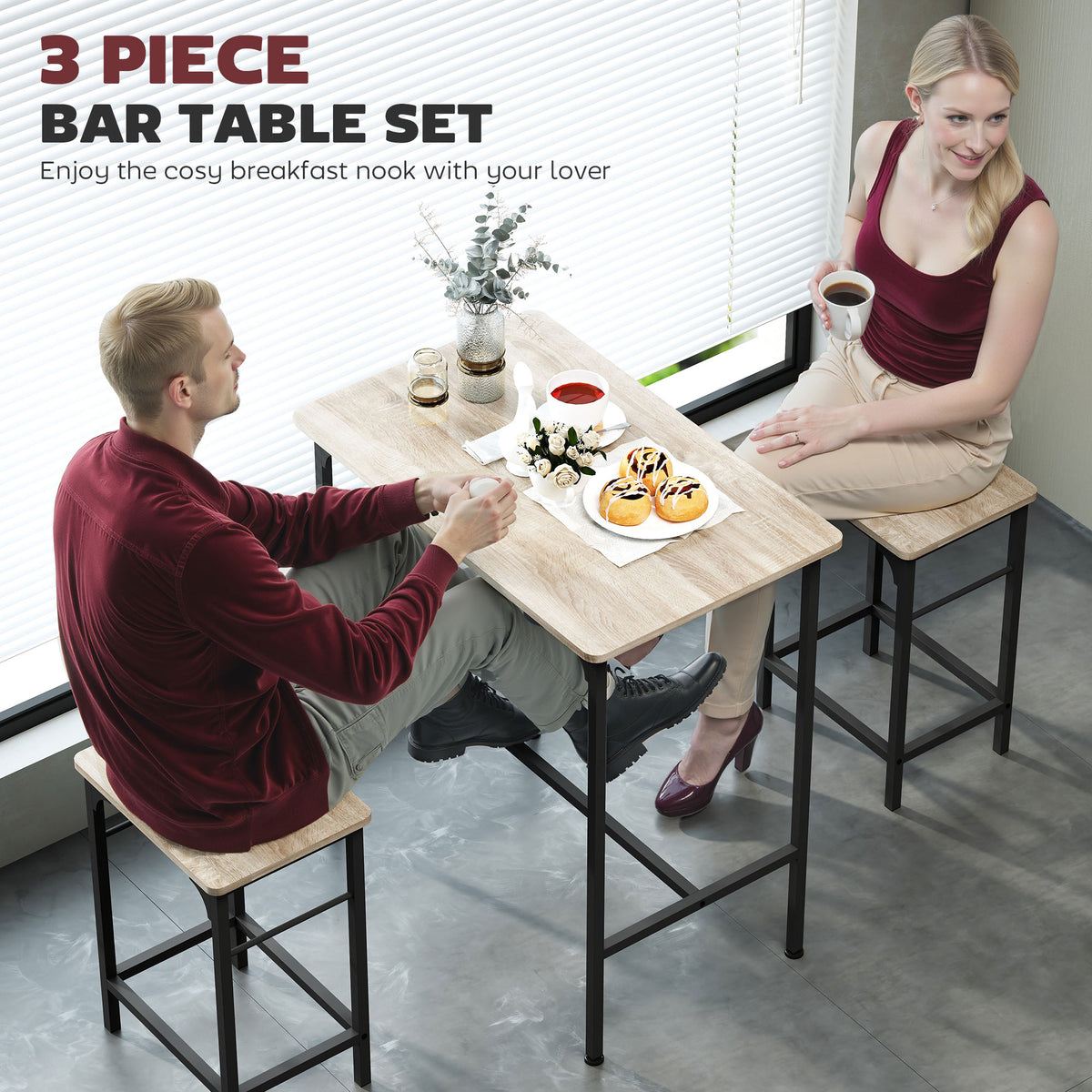 ਉਦਯੋਗਿਕ ਸਟਾਈਲ ਵਾਲਾ ਬਾਰ ਟੇਬਲ ਅਤੇ ਸਟੂਲ ਸੈੱਟ — 3 ਦਾ ਸੈੱਟ