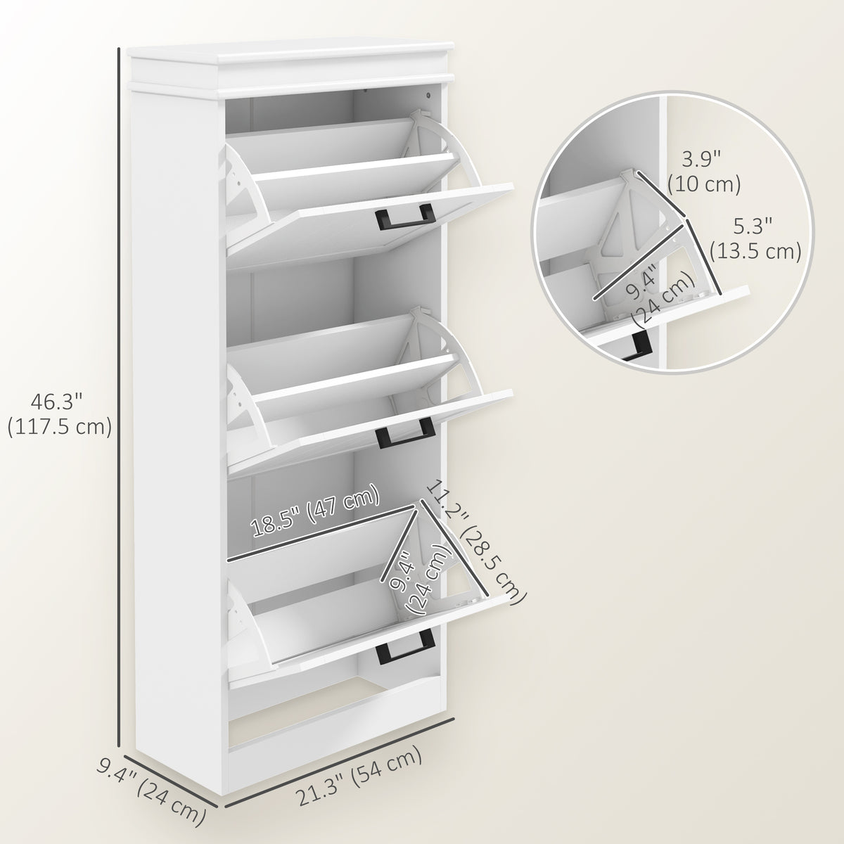 Narrow shoe cabinet with three flip drawers