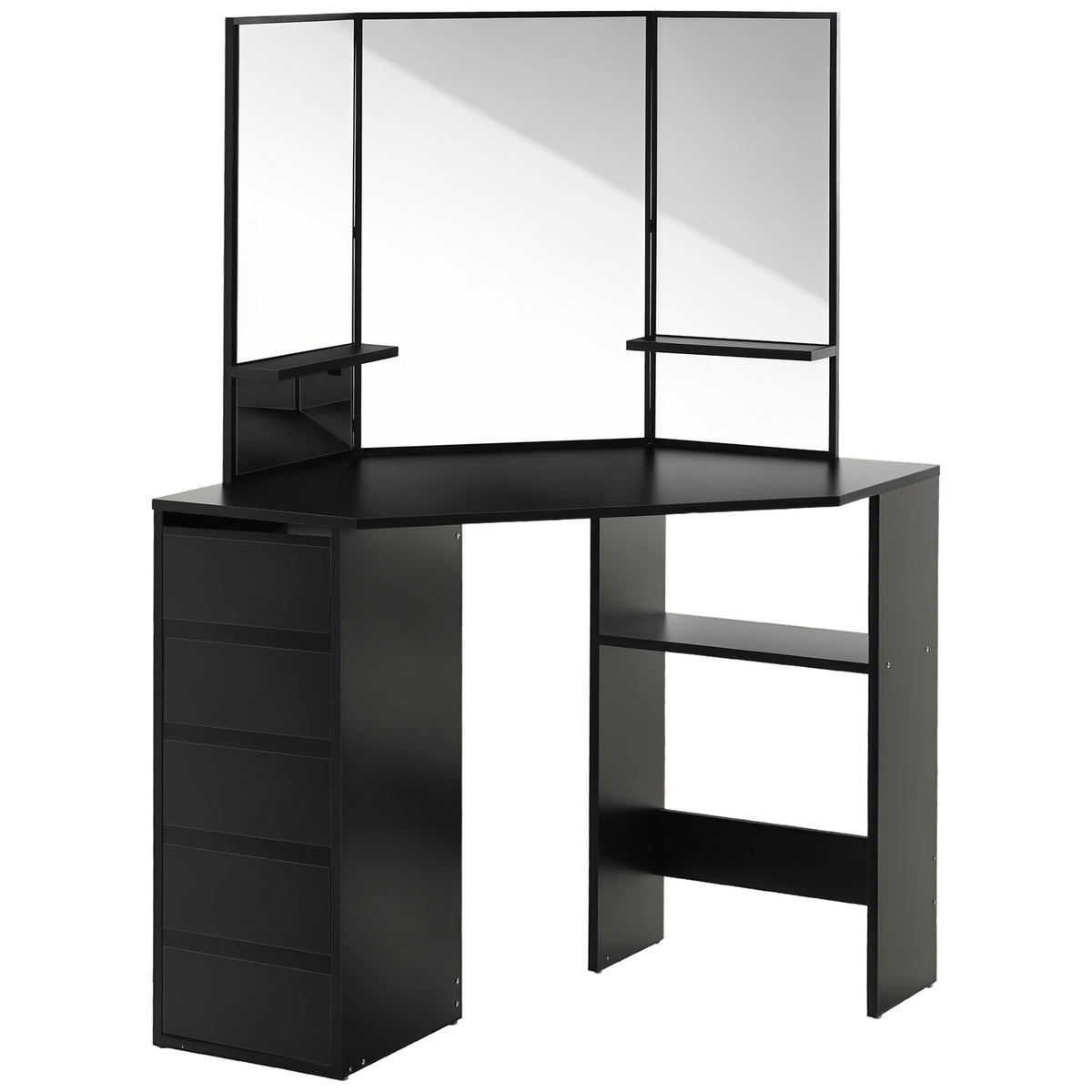 Corner makeup vanity table triple mirror with drawers