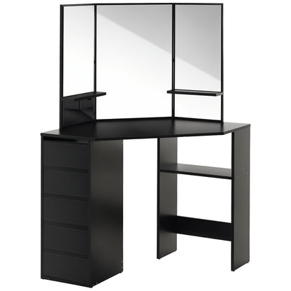 Corner makeup vanity table triple mirror with drawers
