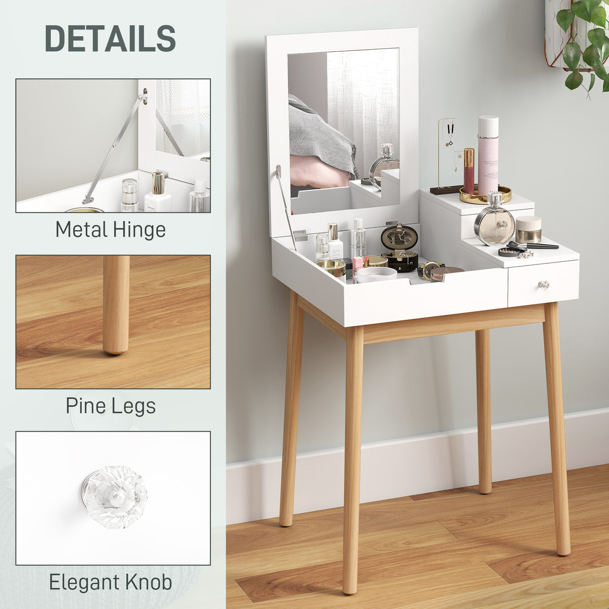 Vanity table with flip-up mirror and drawers